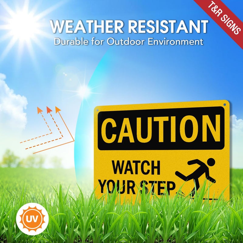 TR Caution Watch Your Step Signs - 4 Pack - 10 x 7 Inches Rust Free .040 Aluminum -Reflective, UV Protected, Waterproof, Weatherproof and Fade Resistant - 4 Pre-drilled Holes - Image 3